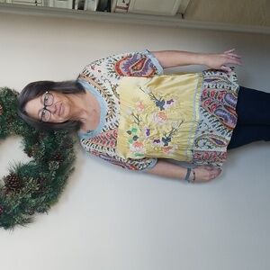 Johnny Was  Multicolored Floral Print Blouse With Embroidered Panel.